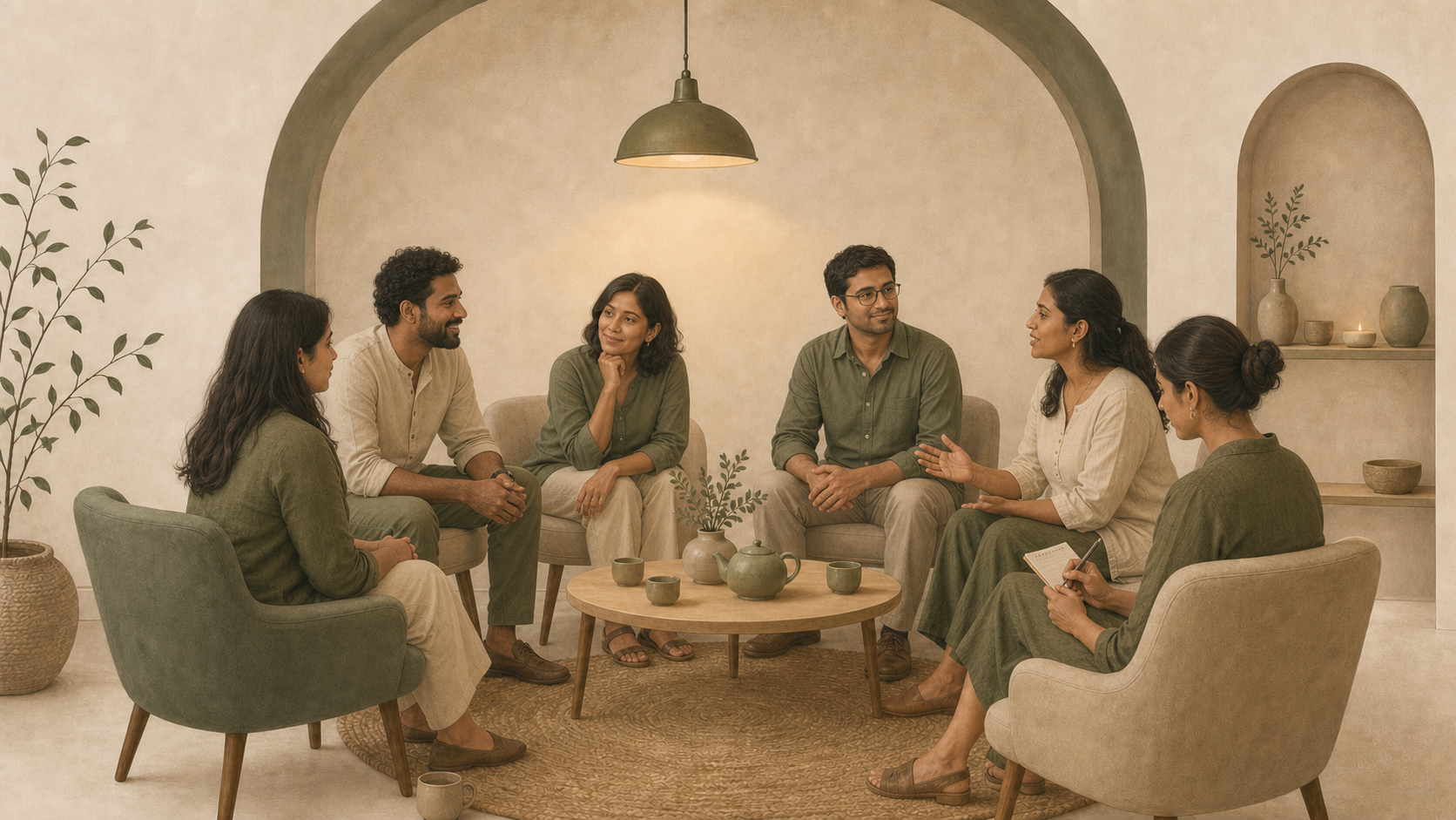 Indian adults sharing a relaxed conversation over tea inside Think.In Room